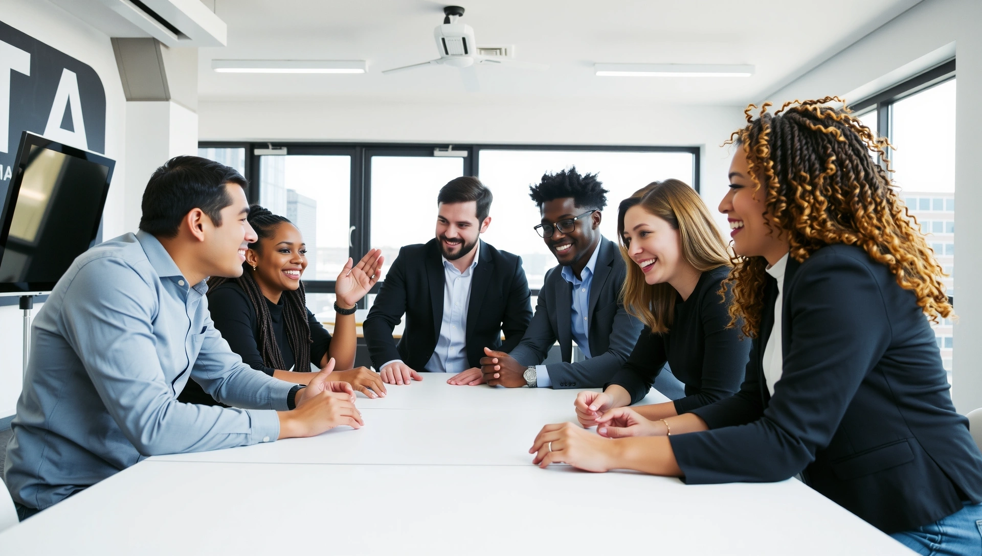 Modern professional team meeting in a bright office, collaborative atmosphere, diverse people smiling