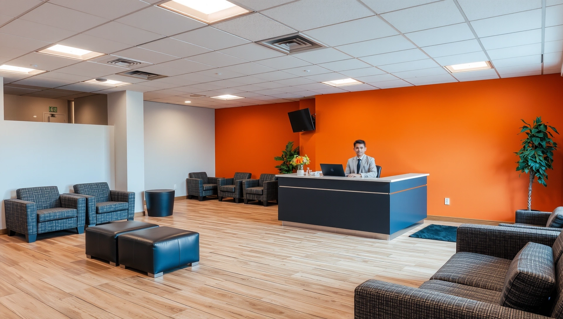 Modern office reception area with friendly staff