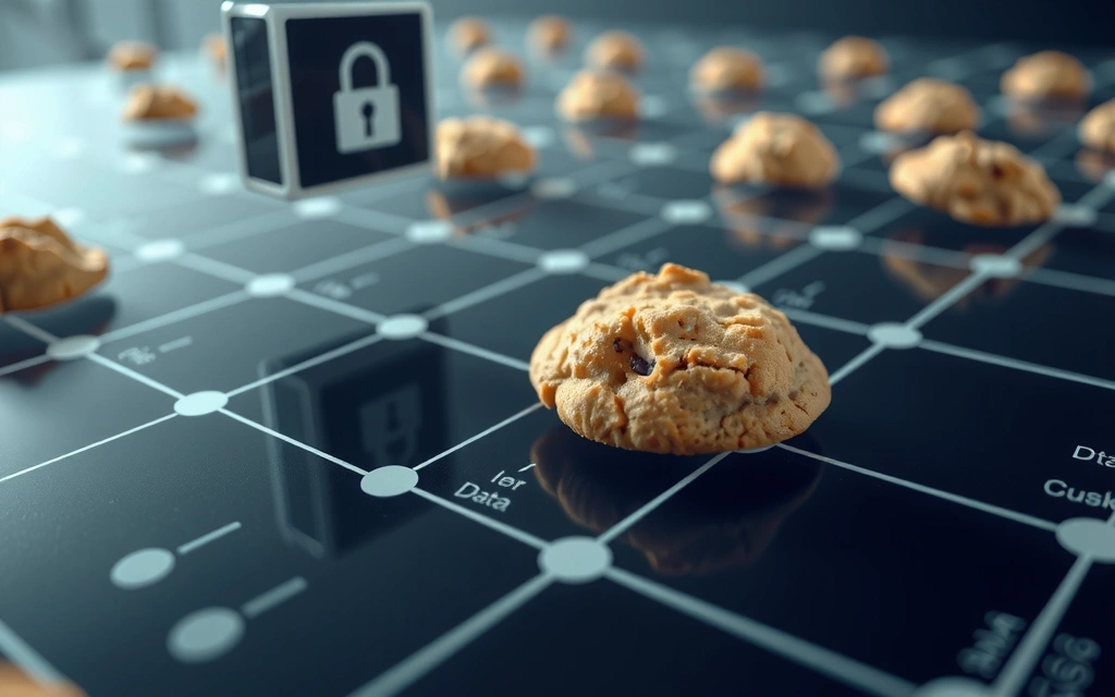 Digital cookies represented as small data packets flowing through a network, symbolizing data collection and privacy