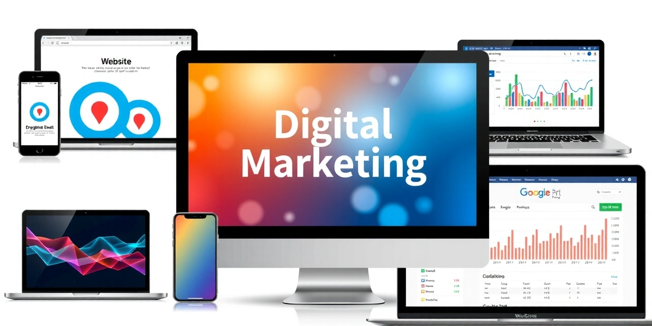 A collage of digital marketing projects: website designs, ad campaigns, social media interfaces, and analytics dashboards, all seamlessly integrated to represent brandmint's diverse expertise.
