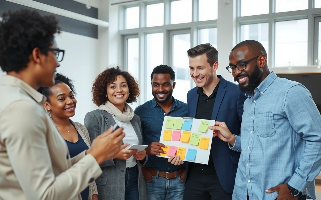 A diverse team of marketing professionals brainstorming in a modern, brightly lit office, showcasing collaboration and creativity.