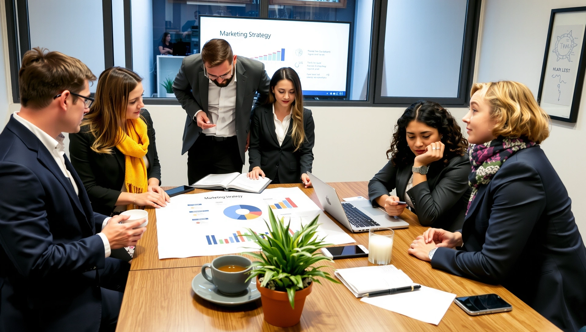 Business team collaborating on a marketing strategy with charts and laptops, dynamic and focused