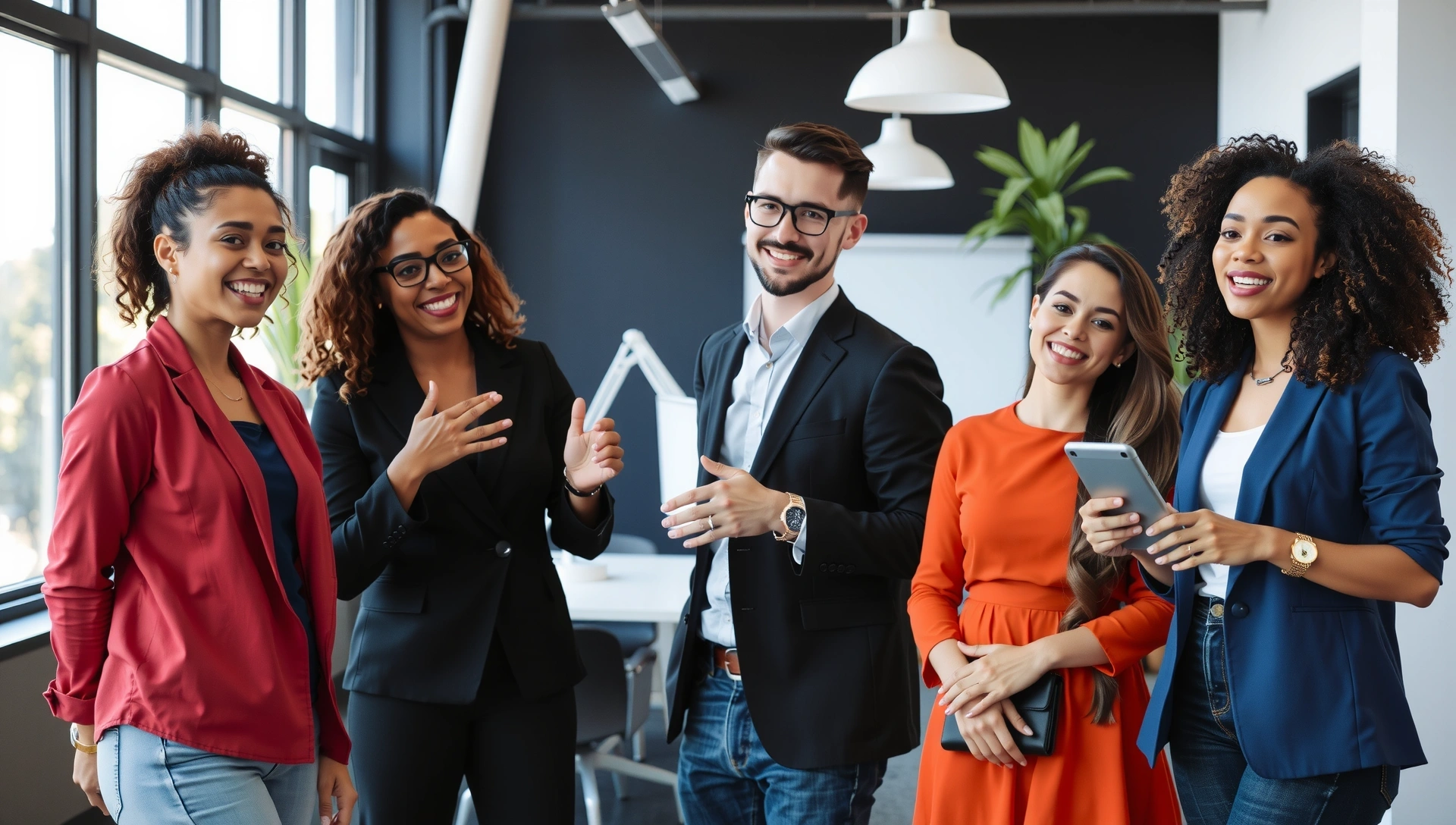 Diverse group of happy business people, positive expressions, collaborating in a modern office environment.